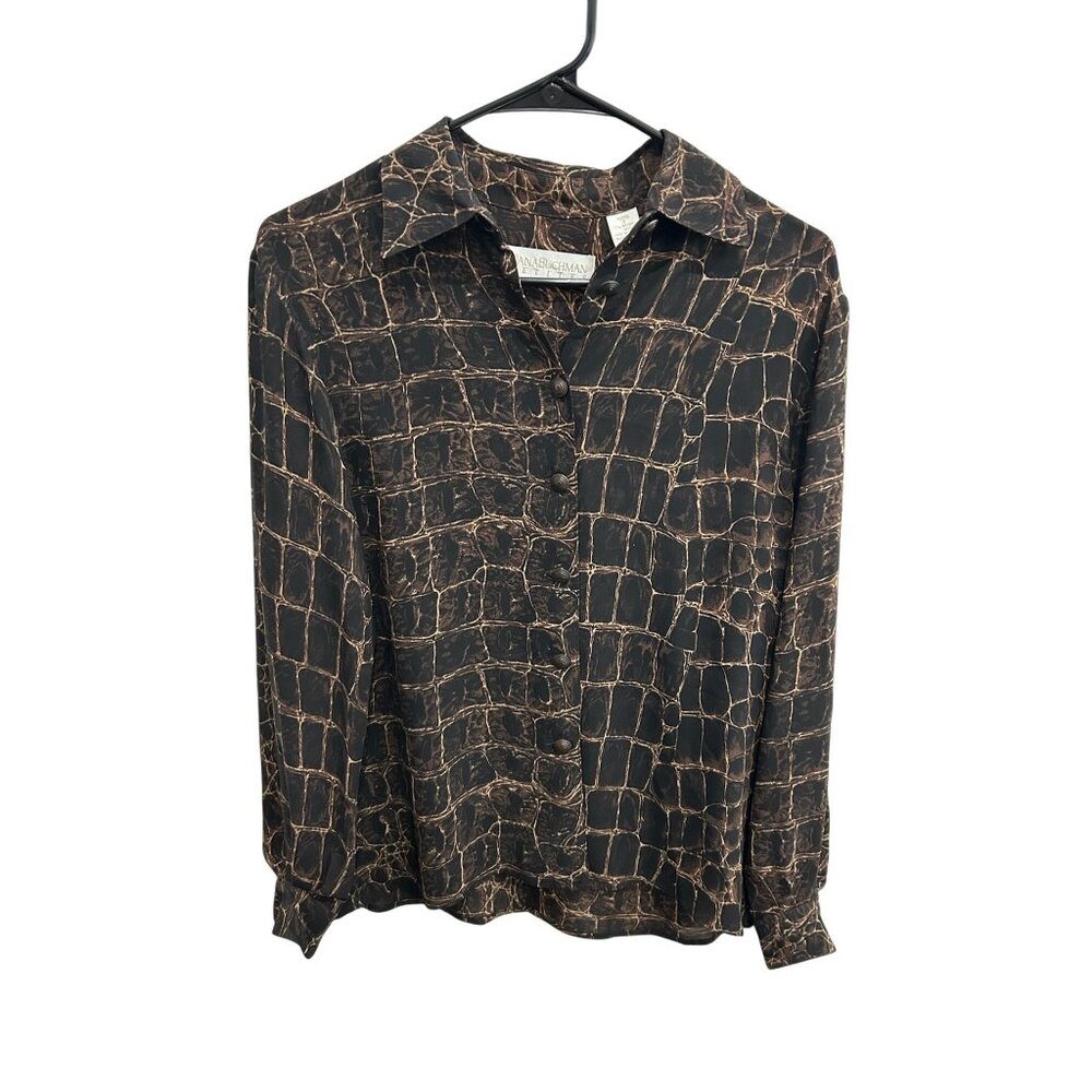 Dana Buchman Petite Button-Up Long Sleeve Shirt BrownBlack Abstract Print Sz 2P